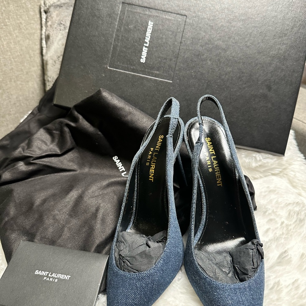 Saint Laurent Women's Anja 85 Denim Slingback Pumps in Blue - Picture 2 of 5